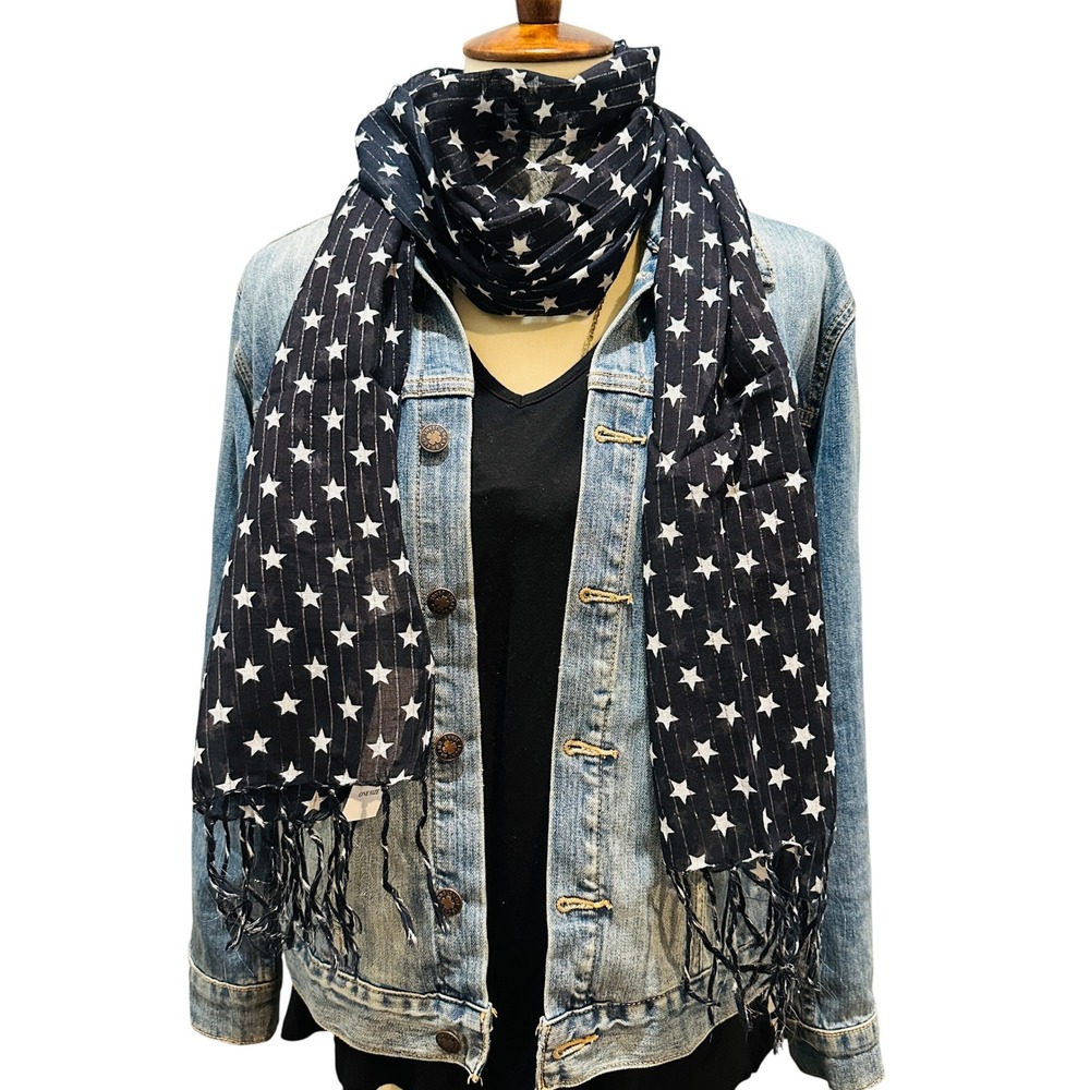 New Chaudry KC Boho Scarf Black White Star Print Lightweight Fringed Scarf Wrap